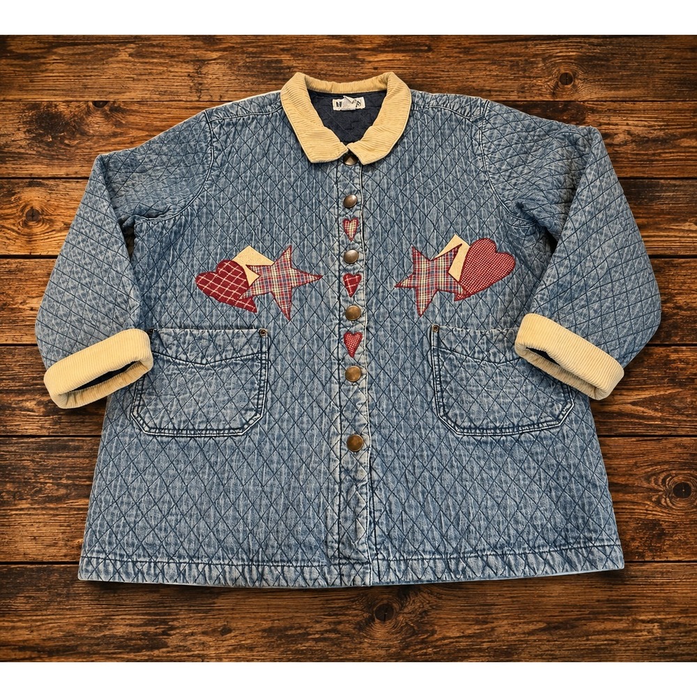 HAIKS Womens 2X Quilted Denim Jacket Hearts Stars Applique Snap Front Cottage